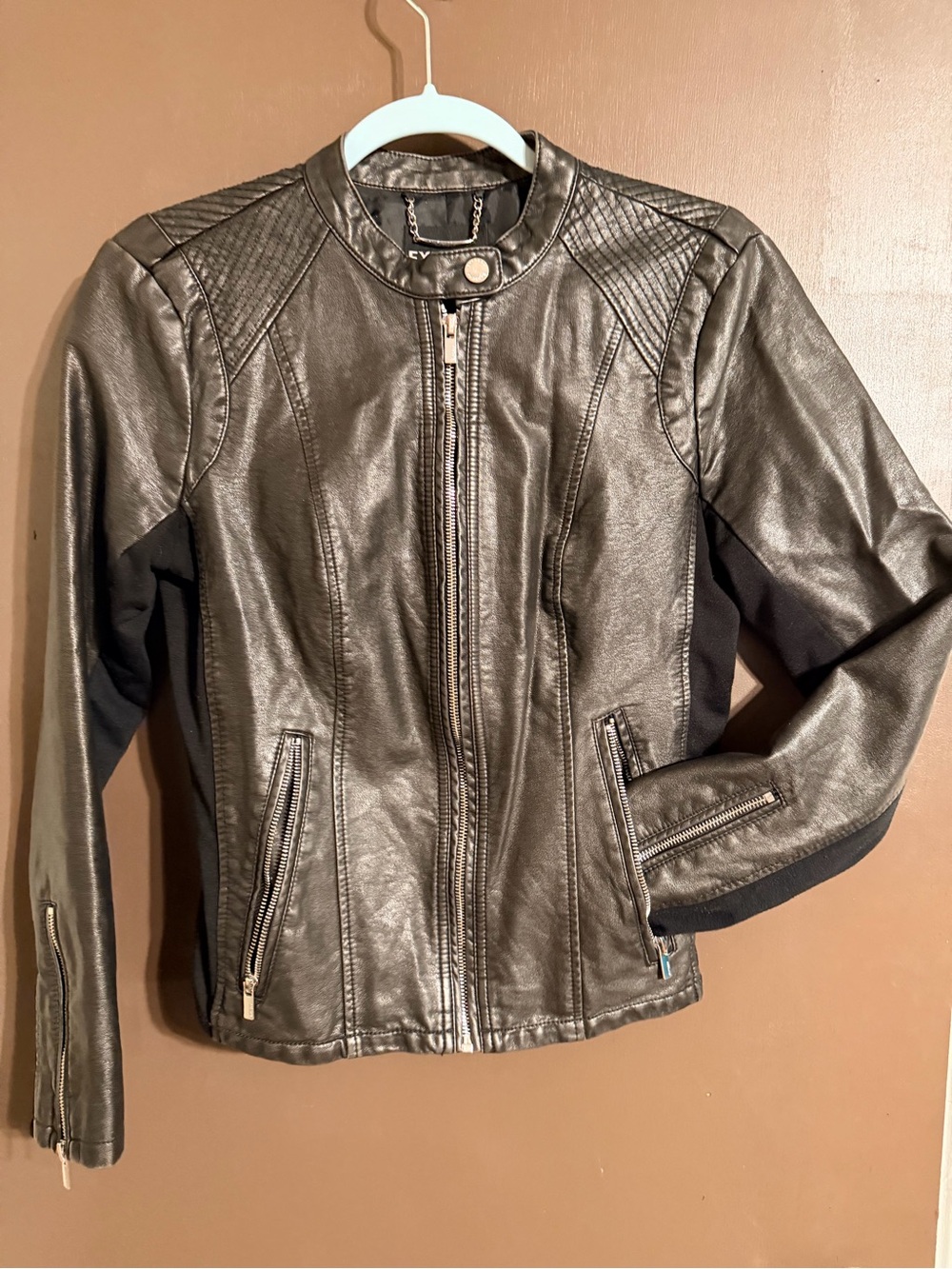 Express Black Moto Jacket | Faux Leather | Mixed Media Stretch Panels | Size M